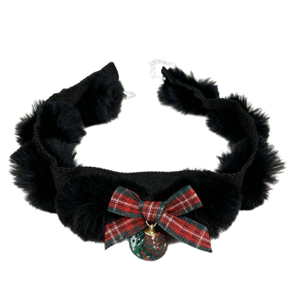 Plaid Bow Pom-pom Choker Necklace - Christmas Ornament Style