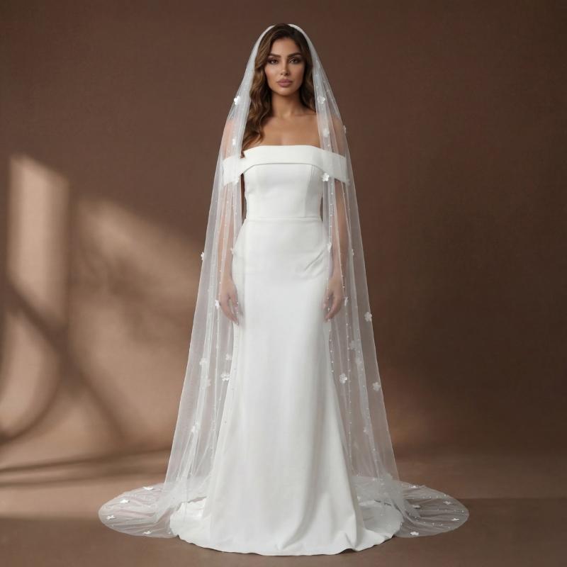 Romance Beaded Bridal Veils Long U Shape Chapel Train Veils For Bride Beach Church Wedding And Special Event Photoshoots