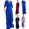 Women Wedding Guest Maxi Dress Flowy A Line High Waist V Neck Batwing Sleeve Pleated Chiffon Dress