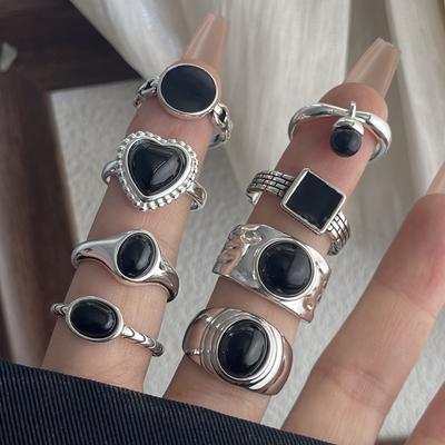 925 Sterling Silver Rings for Women Couple Minimalist Handmade Simple Black Stone Ring Fine Jewelry Gift Prevent Allergy