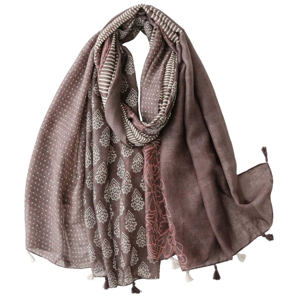 Brown Scarf with Floral Print and Stripes 180X90 - Cotton with Viscose