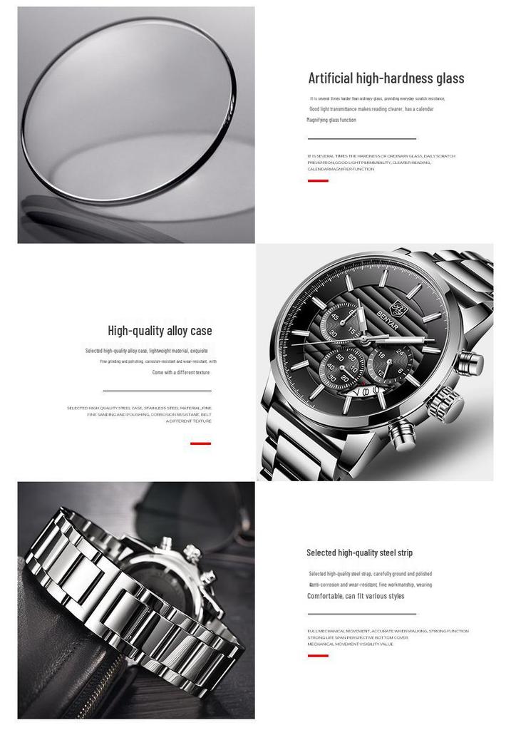 Binyan Men's Multifunction Quartz Watch - Fashion Leather with Calendar 5104