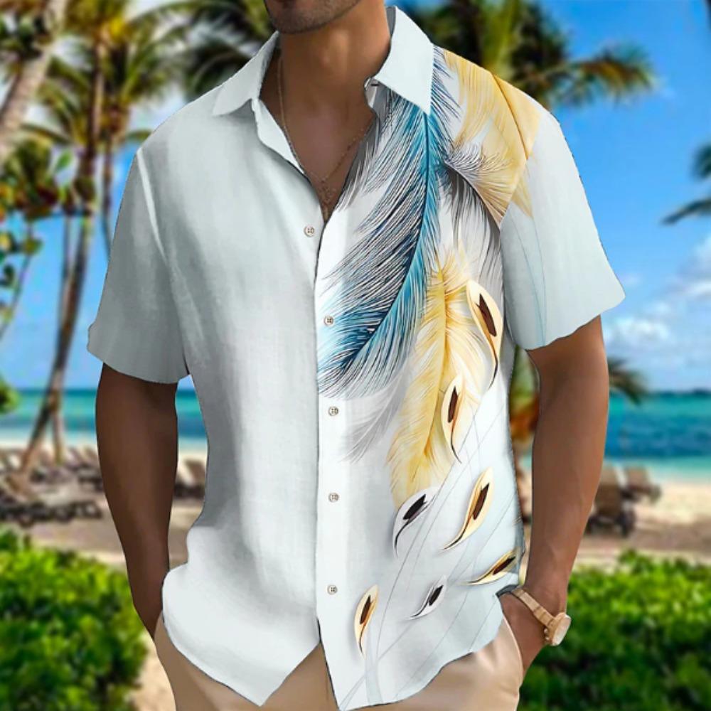 Men's Feather 3D Print Shirt Button Up Shirt Casual Shirt Summer Shirt Short Sleeve Daily Vacation Clothing
