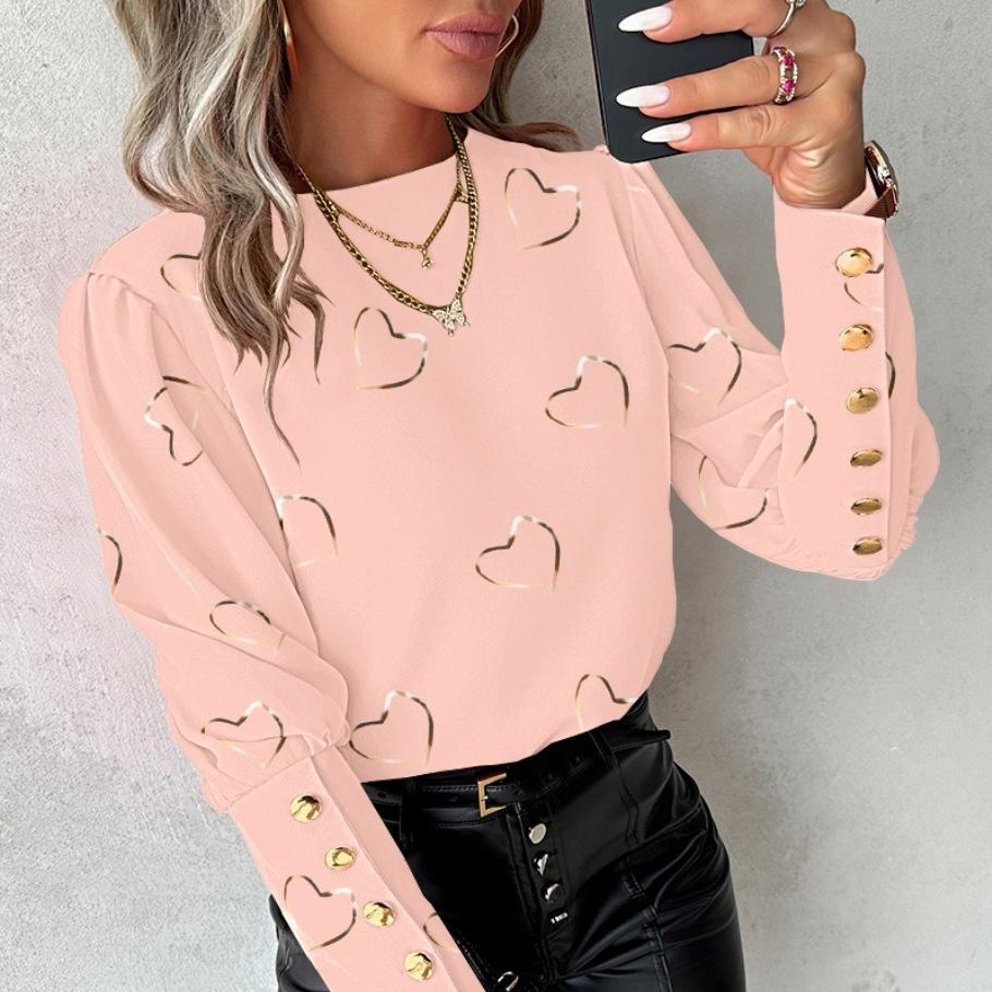

Женские весенние рубашки с принтом сердечек, круглым вырезом, длинными рукавами, свободные блузки, модные повседневные, на пуговицах, элегантные офисные женские топы M