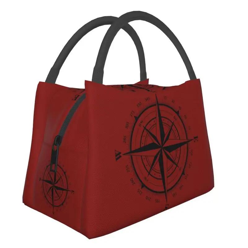 Nautical Navy Blue Anchor On Red Stripes Portable Lunch Box Leakproof Sailing Sailor Thermal Cooler Food Insulated Lunch Bag
