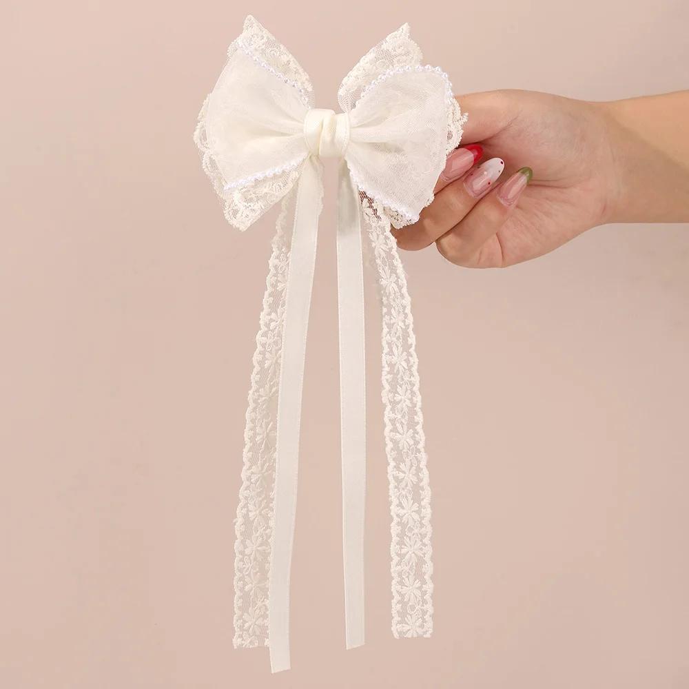 2Pcs Beige Lace Bow Hair Clips With Long Ribbon Elegant Pearl-trimmed Chiffon Bownot Barette For Girls Women Hair Accessories