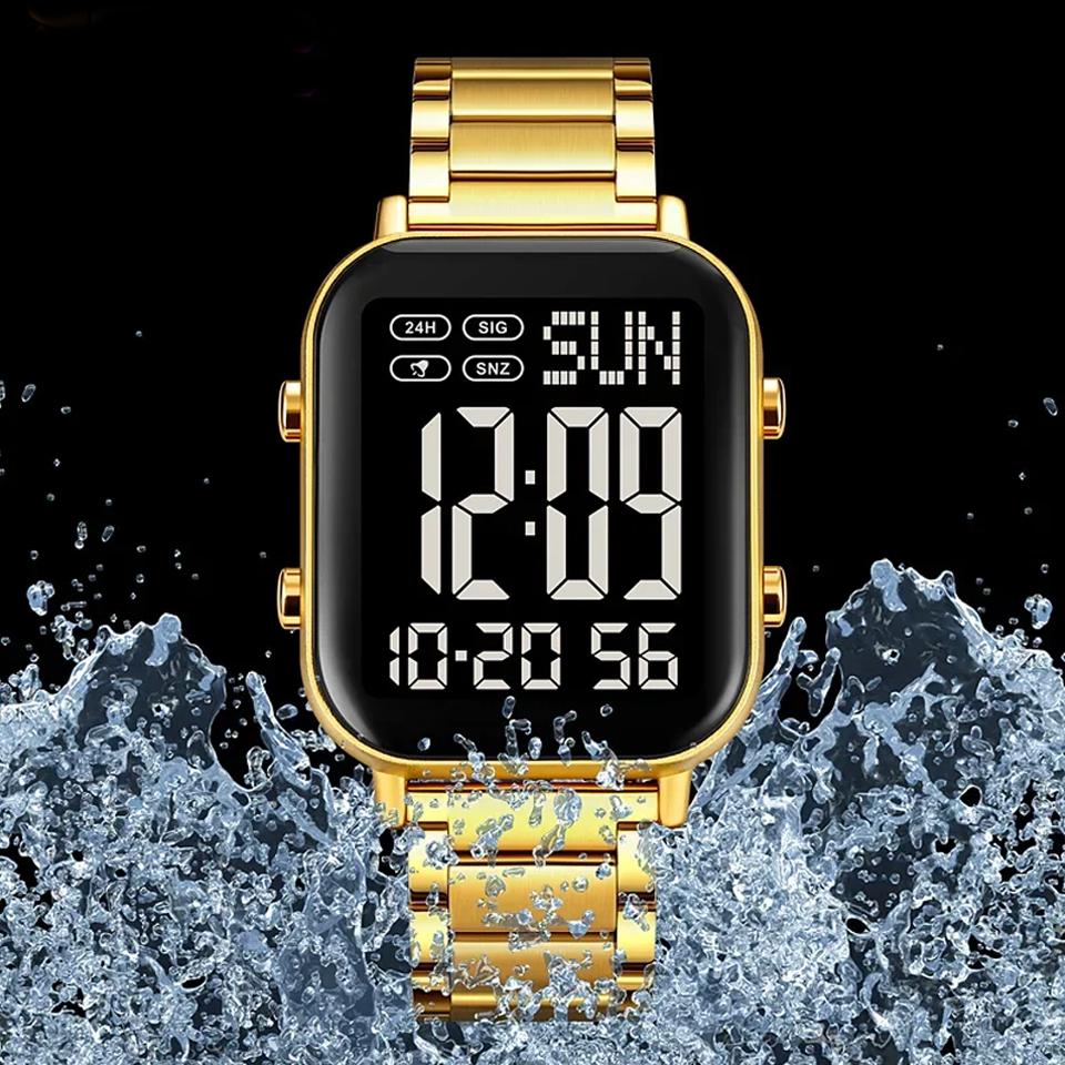 Digital Watch for Men Waterproof Sport Electronic Wristwatch EL Display Stainless Steel Watches