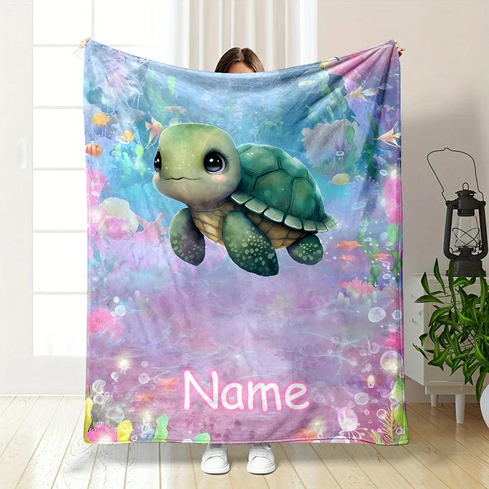 (Memo u Name)Customized Name Personalized Blanket Cute Turtle Print Warm and Comfortable Blanket for Adults and Children Gifts