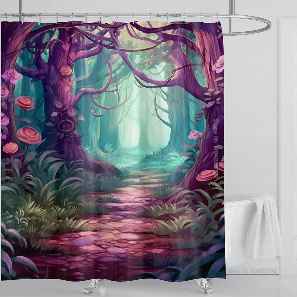 Mystical Forest Print Waterproof Shower Curtain - Stylish, Durable & Easy-Care Choice for Serene Nature-Inspired Bathroom Déco