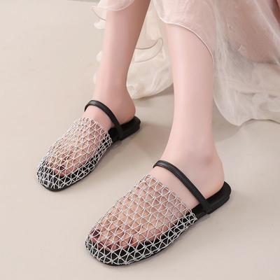 Flat-bottomed Korean Version of Black Beach Slippers Mesh Shoes Roman Sandals Retro Niche Hollow Half Slippers Women's 2025 New