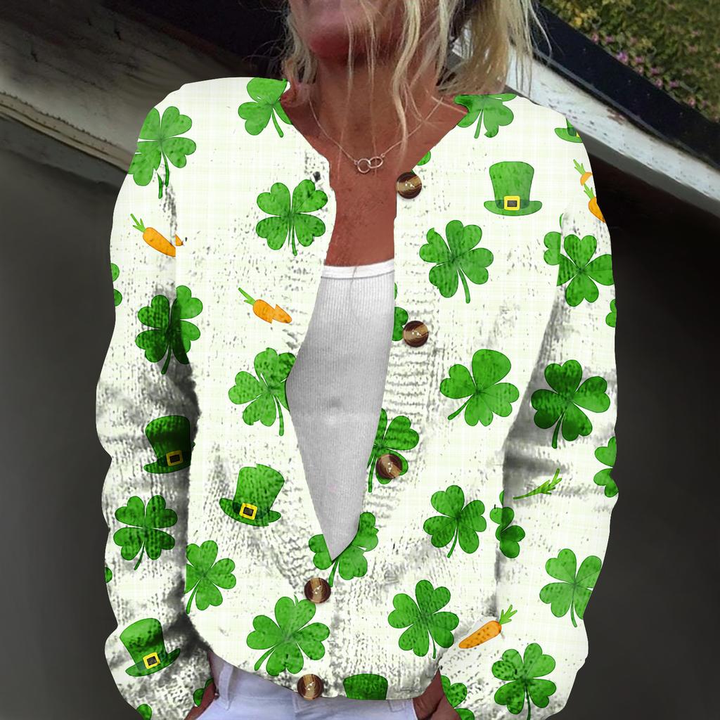 Damski modny dzianinowy kardigan z nadrukiem z długim rękawem, zapinany na guziki