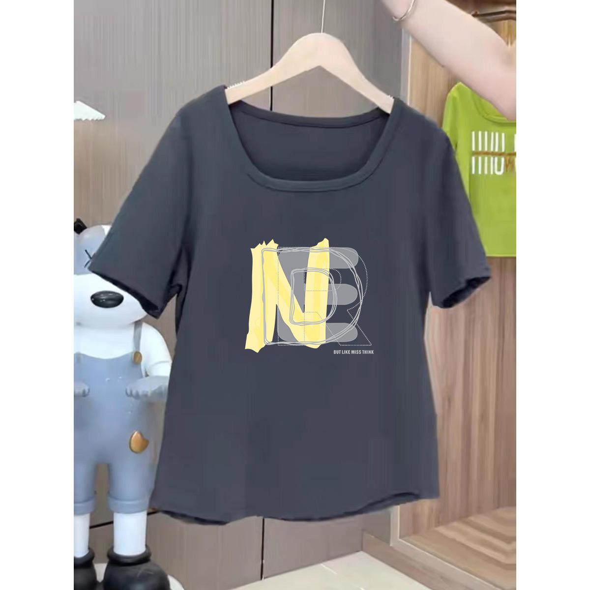 

Loose design square neck short top front shoulder short sleeve t-shirt women s summer 2025 new slim and thin sweet M [80-60kg]