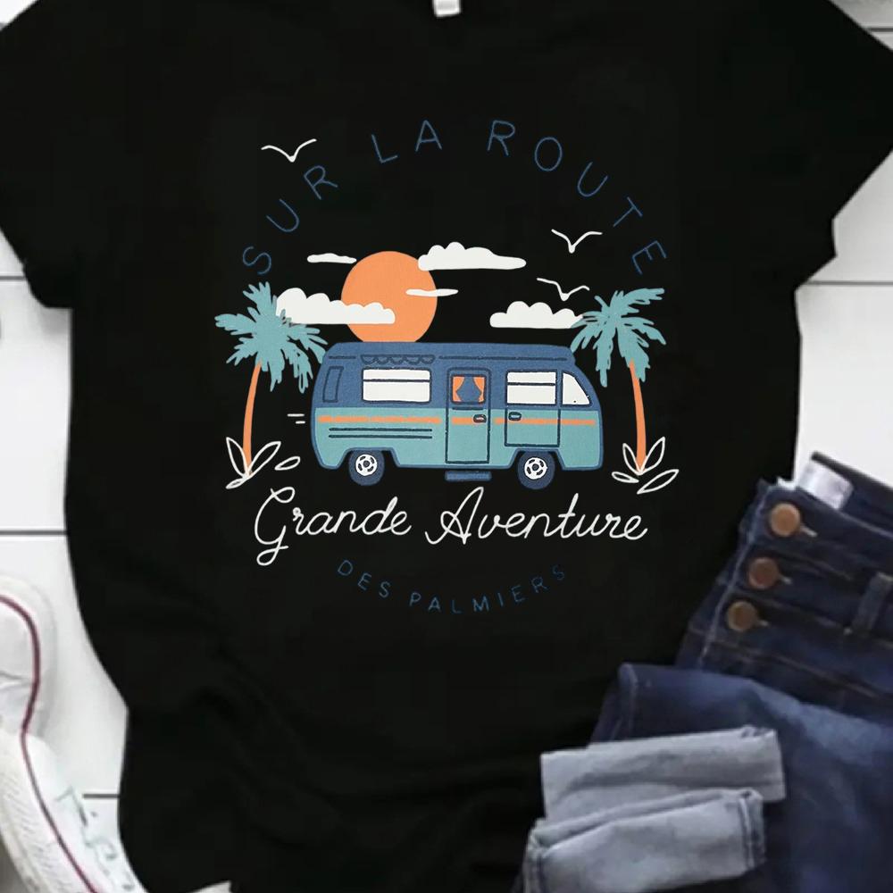 Women French Van Camping Print T Shirt Short Sleeve O-Neck Tops Adventure Graphic Tees Travel Tops