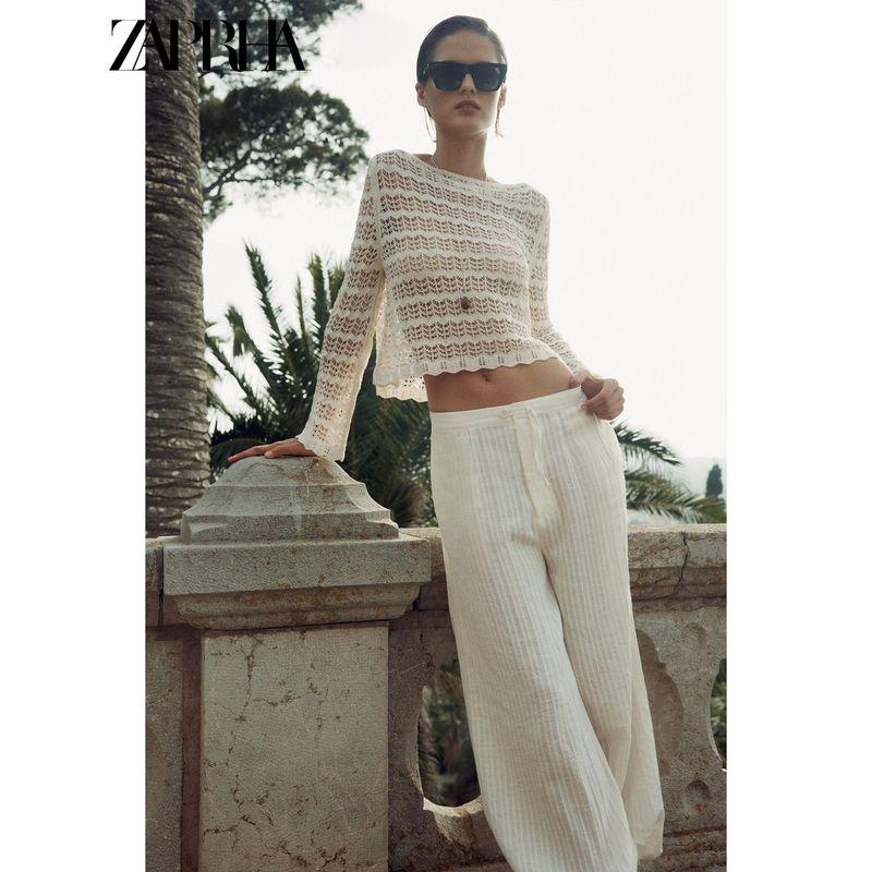 Zaprha 2025 Summer New French style Young Style off-Neck Hollow Short Long sleeve Knit 6771164