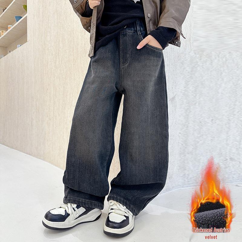 Boys' Fleece-Lined Casual Jeans - Spring/Autumn 2025 Style for Mid-to-Large Children