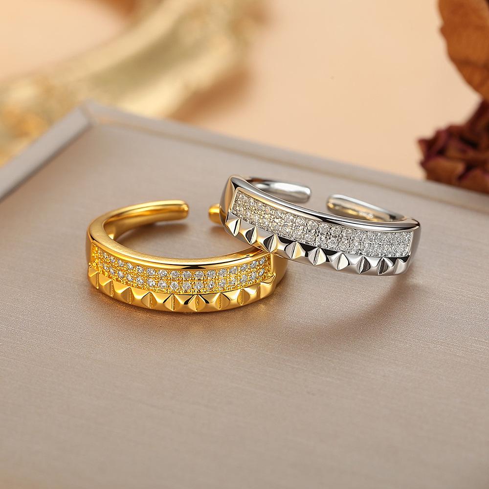Unisex Adjustable Open Ring with European & American Style Rivet Design and Micro-Set Cubic Zirconia