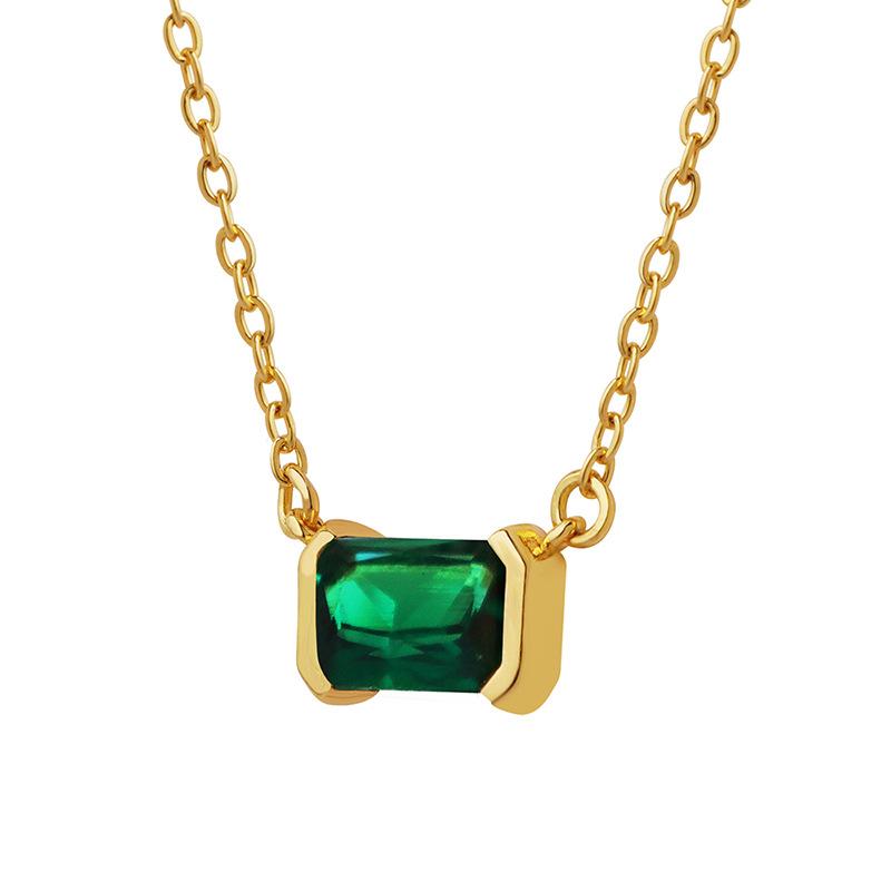 Neutral Style Retro Light Luxury Jewelry Niche Design Square Copper Pendant Inlaid With Green Zircon Necklace