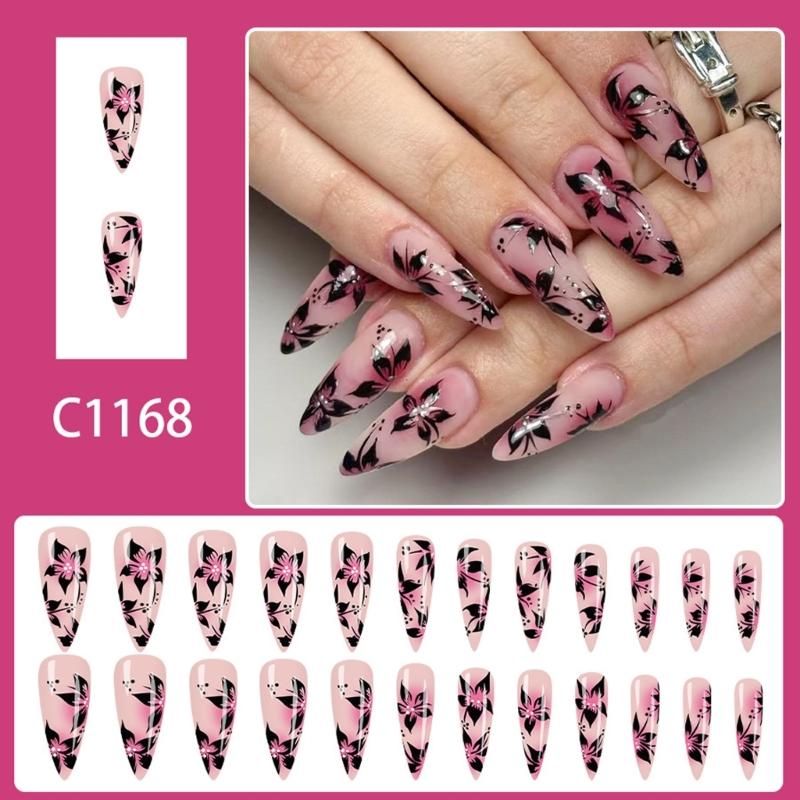 Long Stilettos Press On Nail Glossy Flower Design Artificial Fingernails 24pcs French Glittering Design