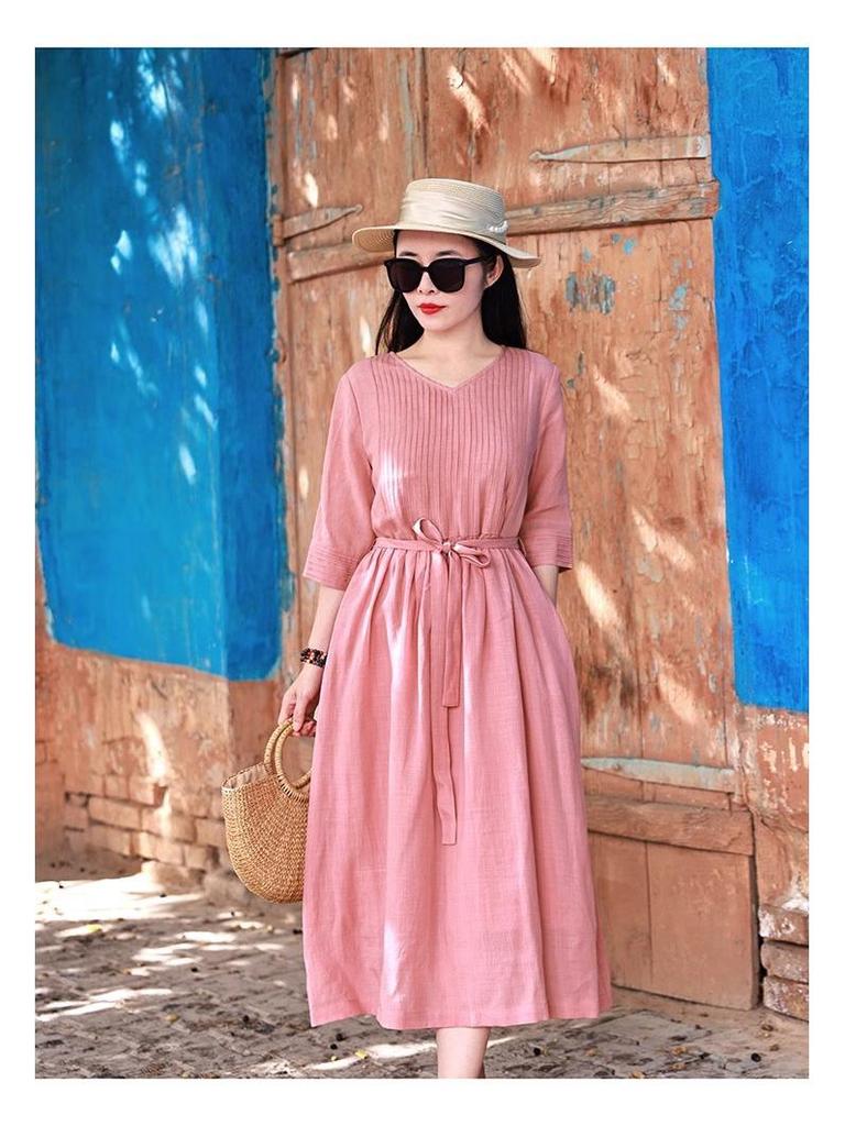 2026 Summer Cotton Linen V-Neck Artistic Long Dress for Women