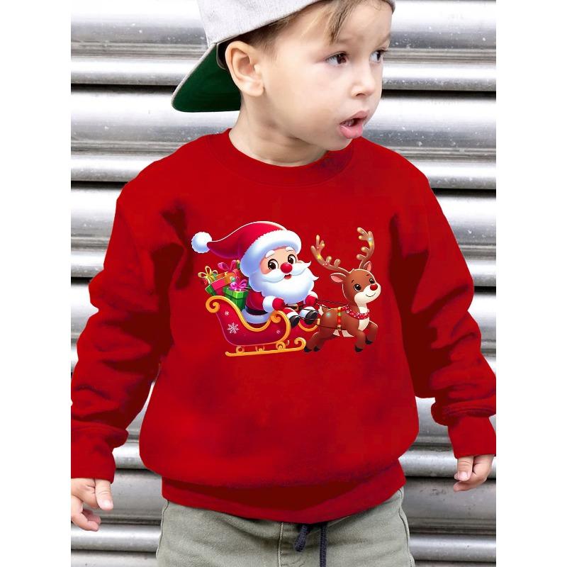 European Sizes Kids'  Fashion -Lined Crewneck Brushed Sweatshirt with "Santa, Reindeer, Sleigh" Christmas Element Print Loose Long Sleeve Pullover