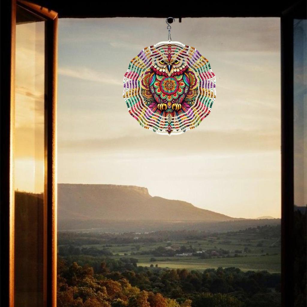 Colorful Mandala Owl Wind Chime for Outdoor Garden Patio Decor Weatherproof 2D Rotating Hanging Art with 360 Degree Hook Holiday Gift