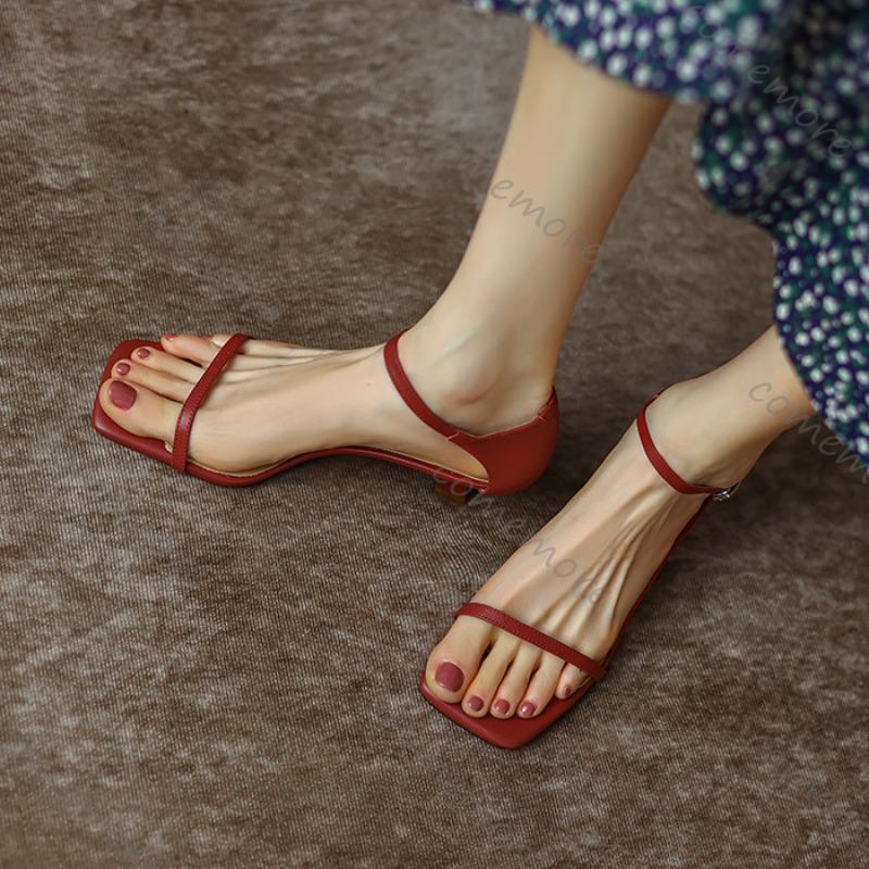 Fashion Ankle Strap Middle Heeled Sandals Women Fashion Pu Leather Square Toe Sandales Woman Summer Buckle Party Pumps Shoes Female