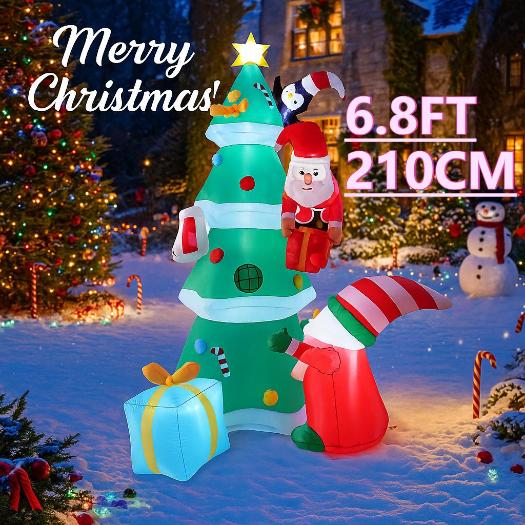 6.8FT LED Lit Inflatable Xmas Yard Decor Christmas Tree with Santa Elf Penguin Christmas Supplies Home Decor Ornaments Toy Gifts