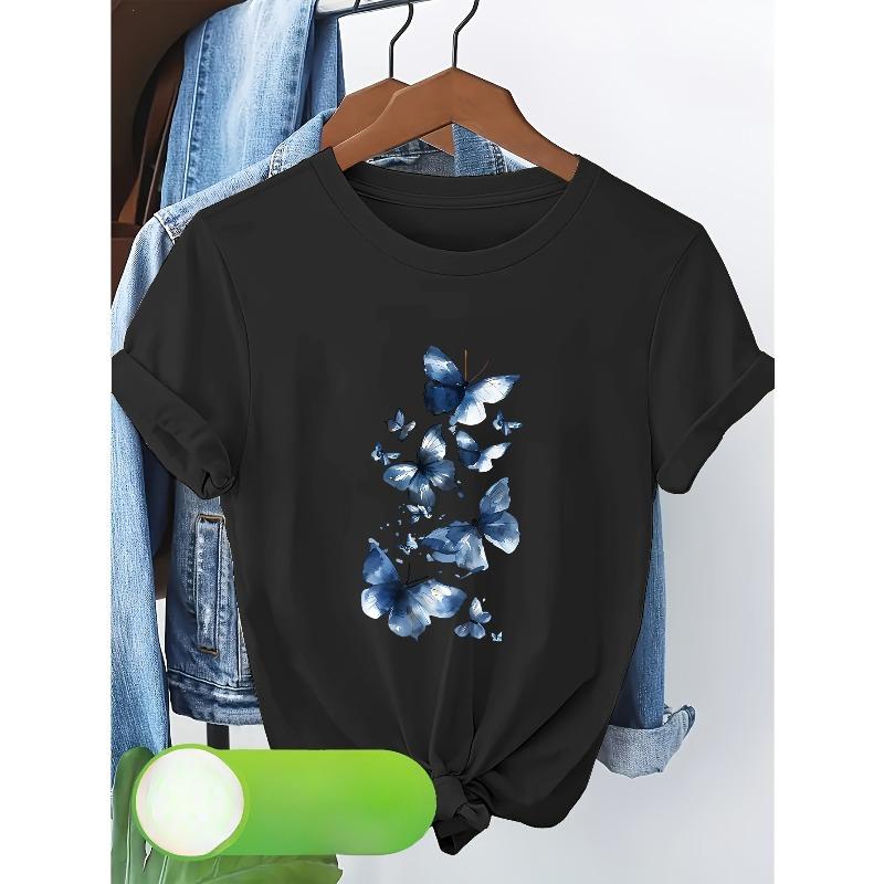 European Size Elegant Butterfly Print Women's Short-Sleeve T-Shirt, Holiday Wear, Vacation Outfit, Graduation Attire, Autumn/Winter New