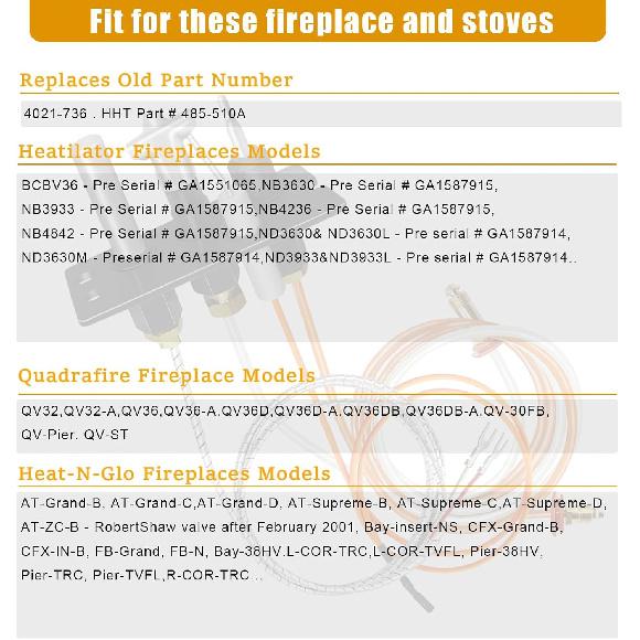 4021-736 Pilot Assembly, 485-510A Natural Gas Kits for Heatilator, Heat N Glo, Quadrafire Fireplaces Replacement 2103-010, Fireplace with Thermopile,