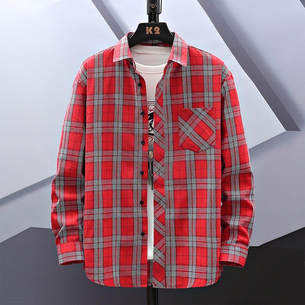 Men'S Long Sleeved Shirt Men'S Lapel Plaid Cardigan Long Sleeved Shirt