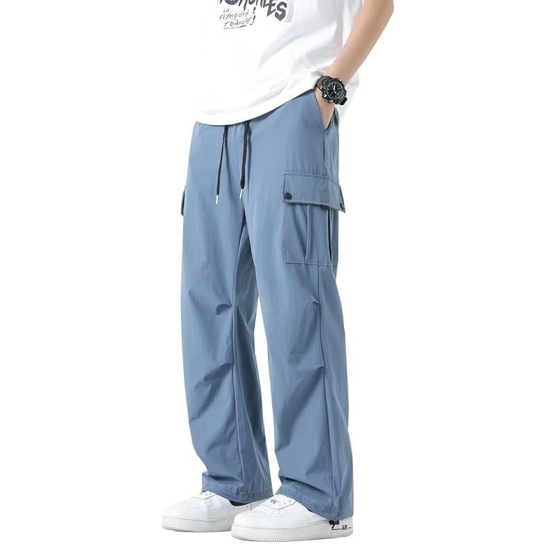 

[BesBet] Cold sensation cargo pants men s cool pants summer clothes ice silk wide pants outdoor work pants long length bottoms cool Plain color