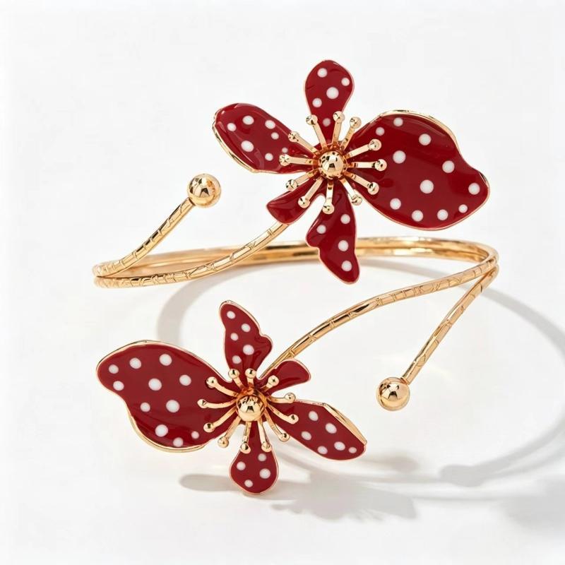 Gold Plated Cuff Bracelet Red White Polka Dot Enamel Flower Non-Irritating Jewelry for Women Daily All-Match Wear