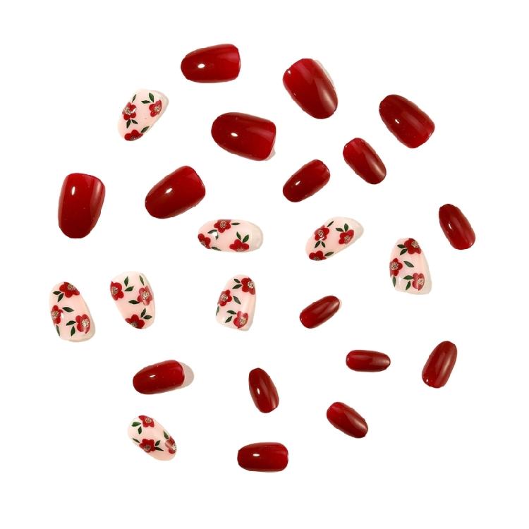 24Pcs Short Almond Press on Nail with Floral Designs Full Cover Stick on Nail Fashion Nail Art for Spring and Summer