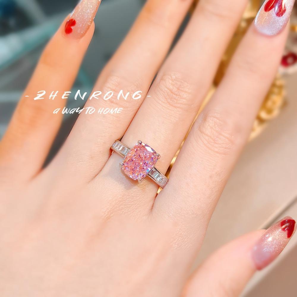 Vintage Open Ring with Pink Diamond and Blue Spinel Cushion Cut High Carbon Elegant Women Jewelry