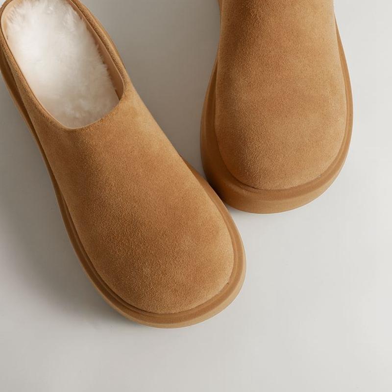 Fashion Women's New Leather Cow Suede Thick Soled Waterproof Platform High Heels, Warm Wool Boken Shoes, Shallow Mouth Mueller Shoes