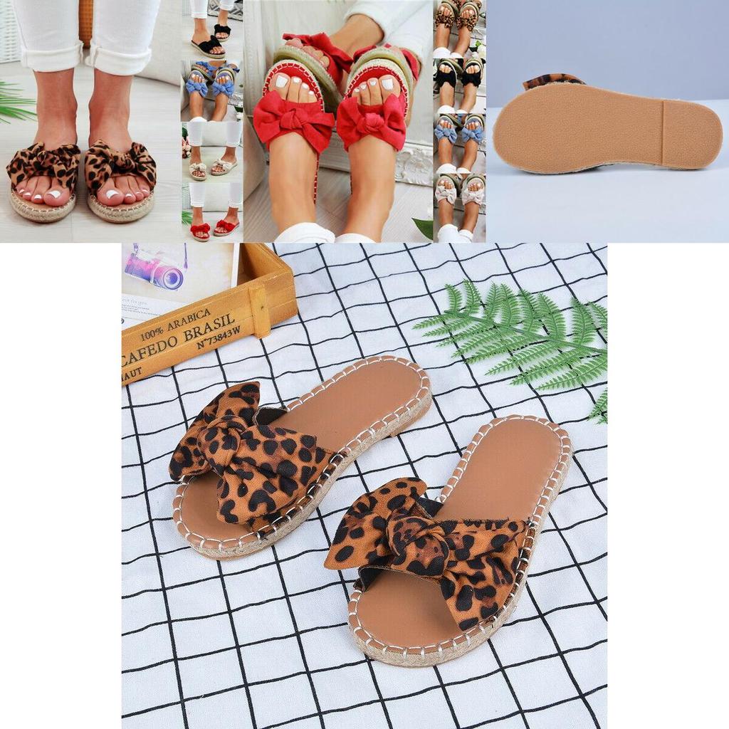 Elegant Women Slip On Sandals Bow Flat Mule Espadrille Shoes Summer Sliders