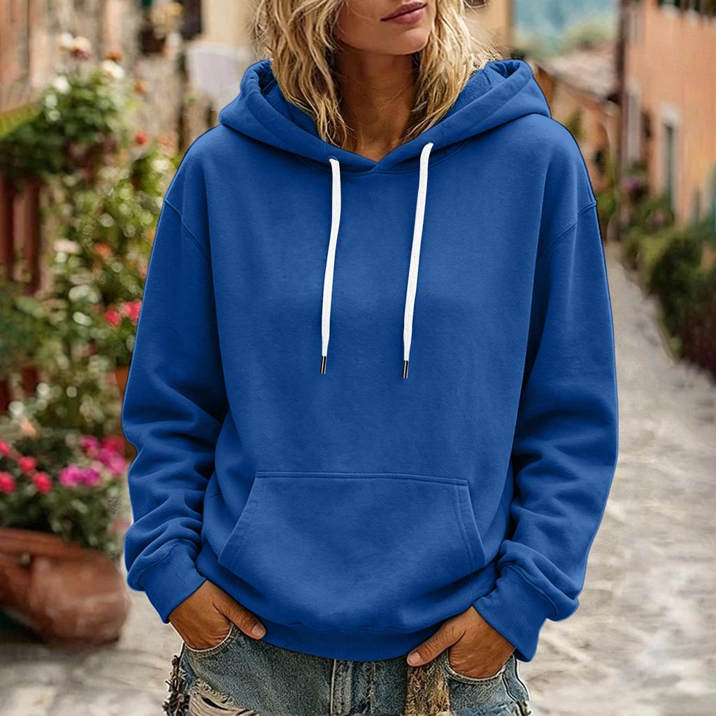 Women's Color Long Sleeve Hoodie with Drawstring Hood and Pocket Casual Pullover