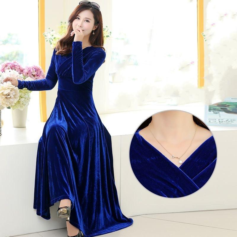 2025 New Autumn/Winter Plus Size Velvet Dress Long Sleeved, V Neck, Big Swing Gown for Evening Parties and Banquets