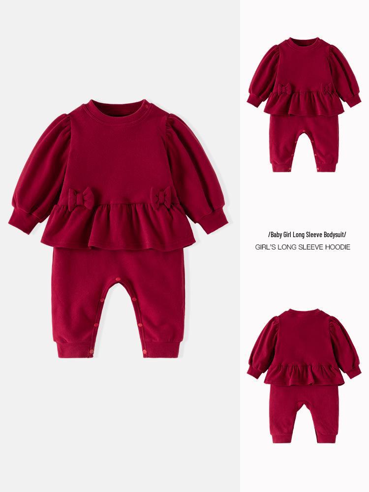 Wine Red Baby Girl Thermal Fleece Onesie: Autumn/Winter Crawling Suit Gift for 100-Day Celebration