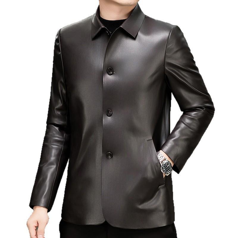 Men's Black Business Casual Leather Jacket with Down Liner for Autumn/Winter.