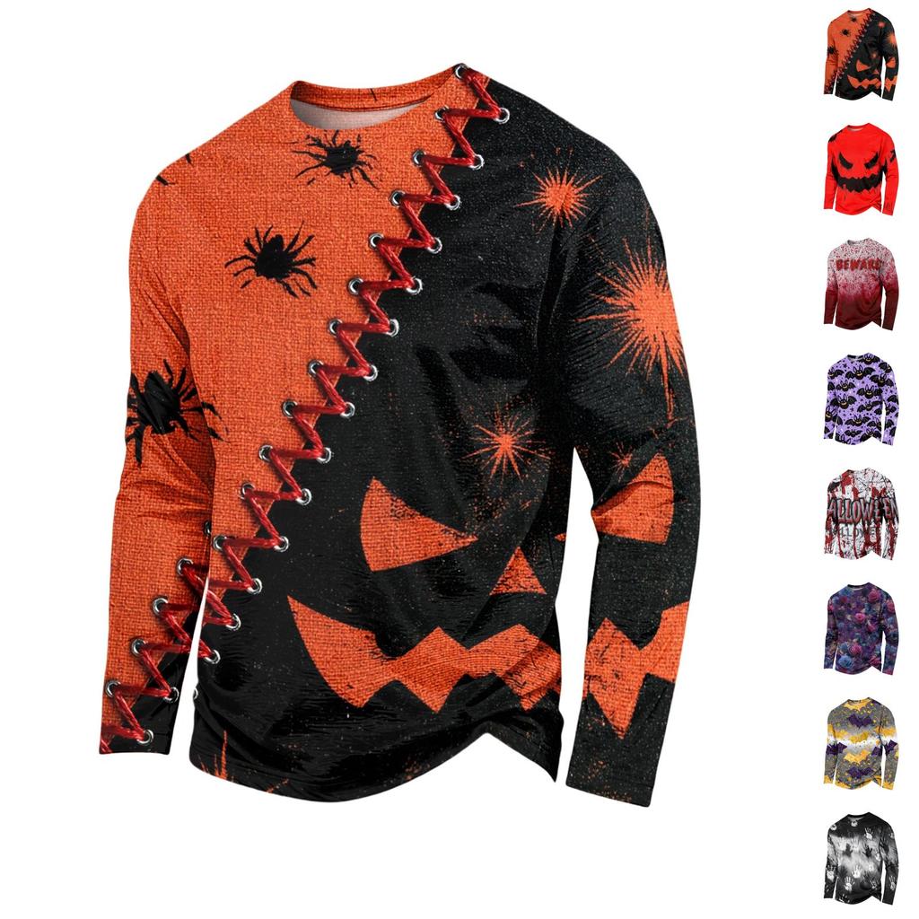 Men's Casual Long Sleeve Round Neck T-Shirt with Halloween Print for Holiday Parties