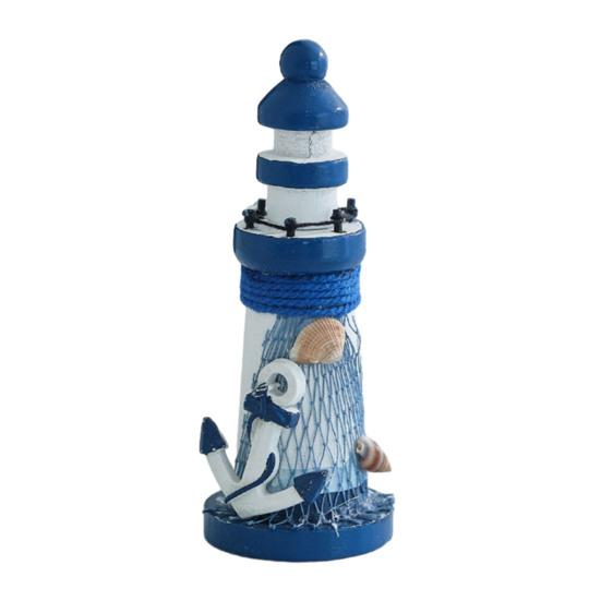 Wooden Lighthouse Figurine, Handmade Nautical Lighthouse Beach Decoration, White Blue Coastal Tabletop Decor for Home, Living Room