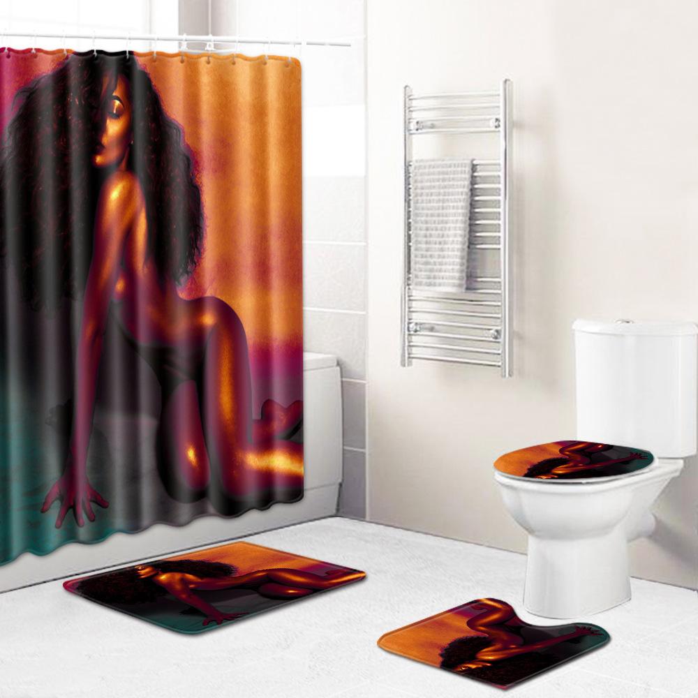 Creative Shower Curtain Floor Mat Combination Four-Piece Set Bathroom Toilet Carpet Shower Room Mat Foot Mat