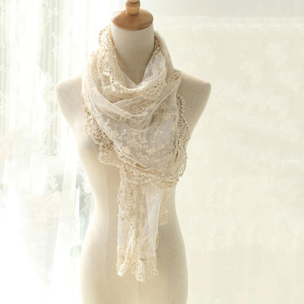 

White Black Lace Flower Scarf Breathable Mesh Long Foulard Long Scarves Wrap Lightweight Embroidered Flower Scarf бежевий