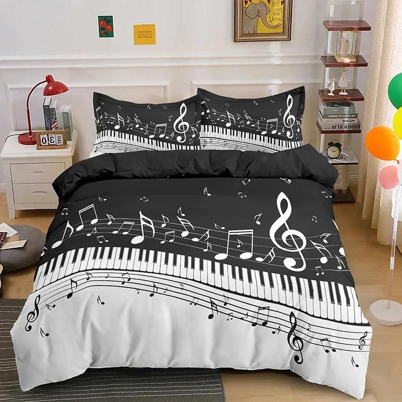 Klaviertasten Königin König Bettbezug 3D Cartoon Musiknoten Bettwäsche Set für Jungen Jugendliche Erwachsene Mode Musik Polyester Bettdeckenbezug