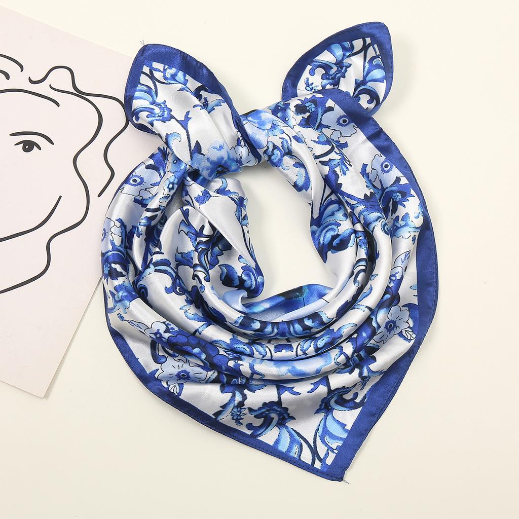 Satin Silk Square Scarf Hijabs Blue And White Blendent Printed Muslim Hijab Bandana Soft Head Scarf Female Headband