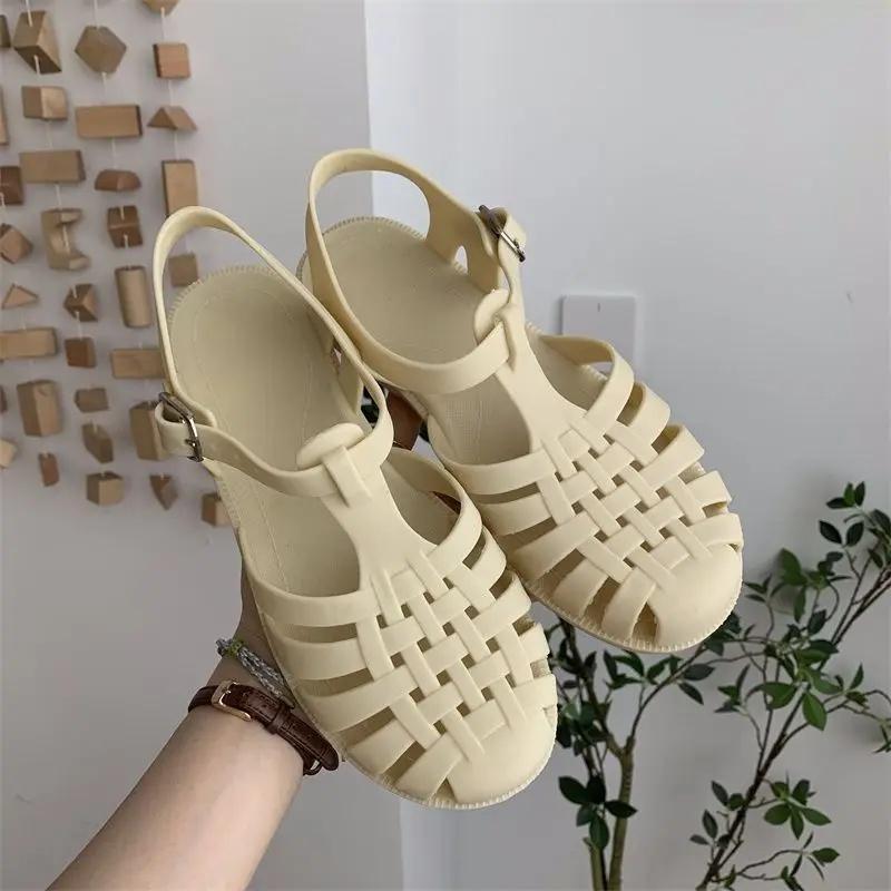 Green Fashion Casual Anti-Slip Flat Bottom Jelly Shoes Women Summer Student Retro Fairy Style Hollow Woven