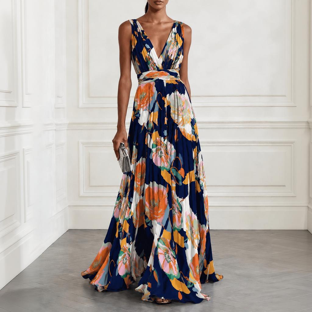 Women's Elegant Floral Print Sleeveless V-Neck Maxi Evening Dress for Formal Events