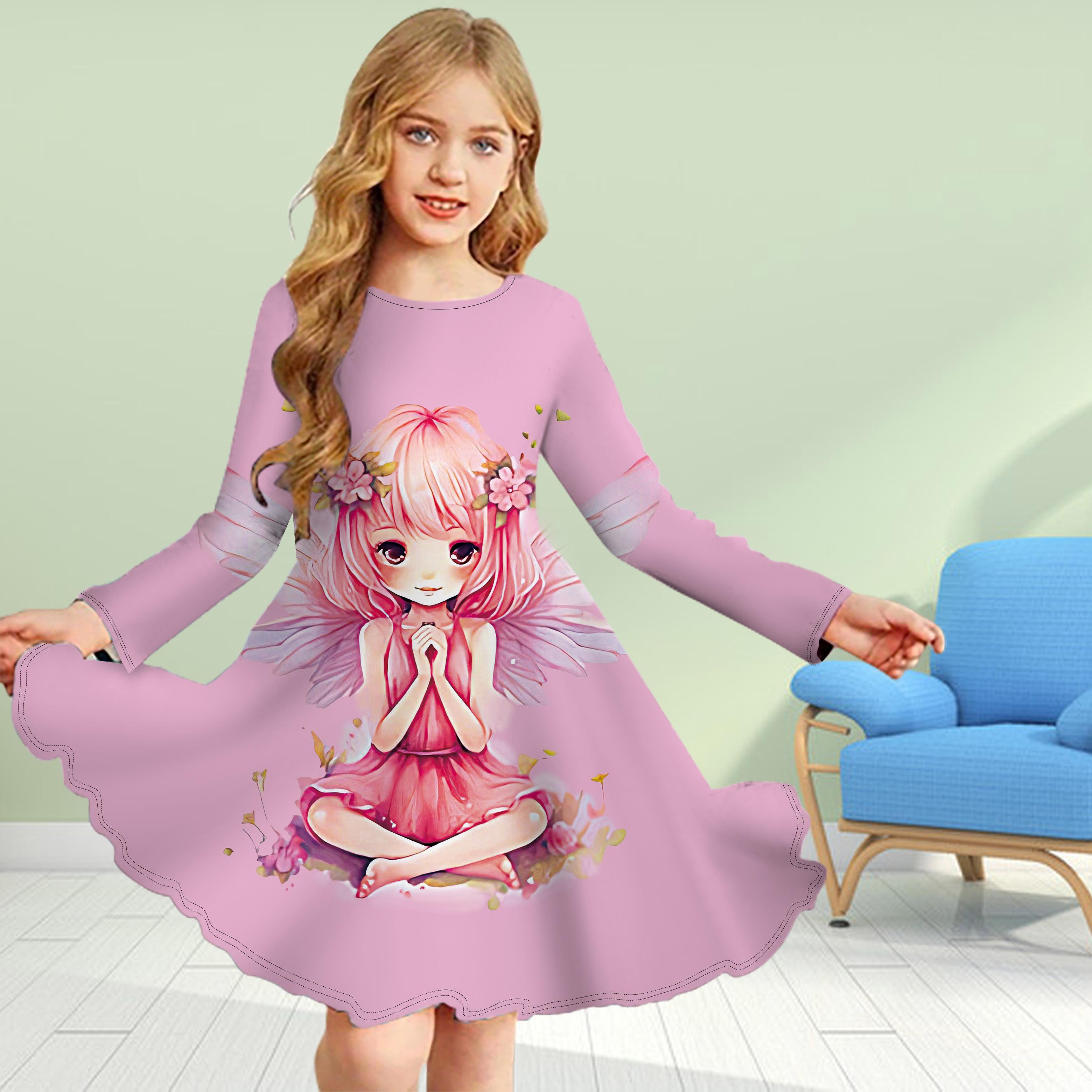 

Повсякденне плаття з 3D-принтом для дівчинки з довгим рукавом і круглим вирізом із казковими ельфами, дитяче плаття принцеси 130 рожевий