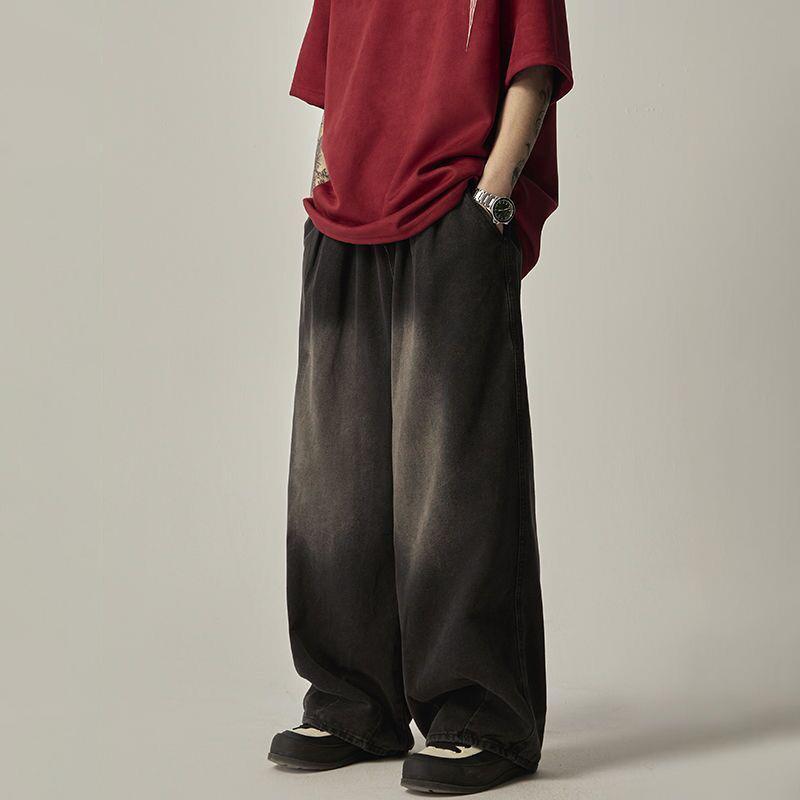 

Мужские большие джинсы широкого кроя в стиле ретро с эффектом потертости - модный уличный стиль, свободная посадка, повседневные брюки с варкой M чёрный